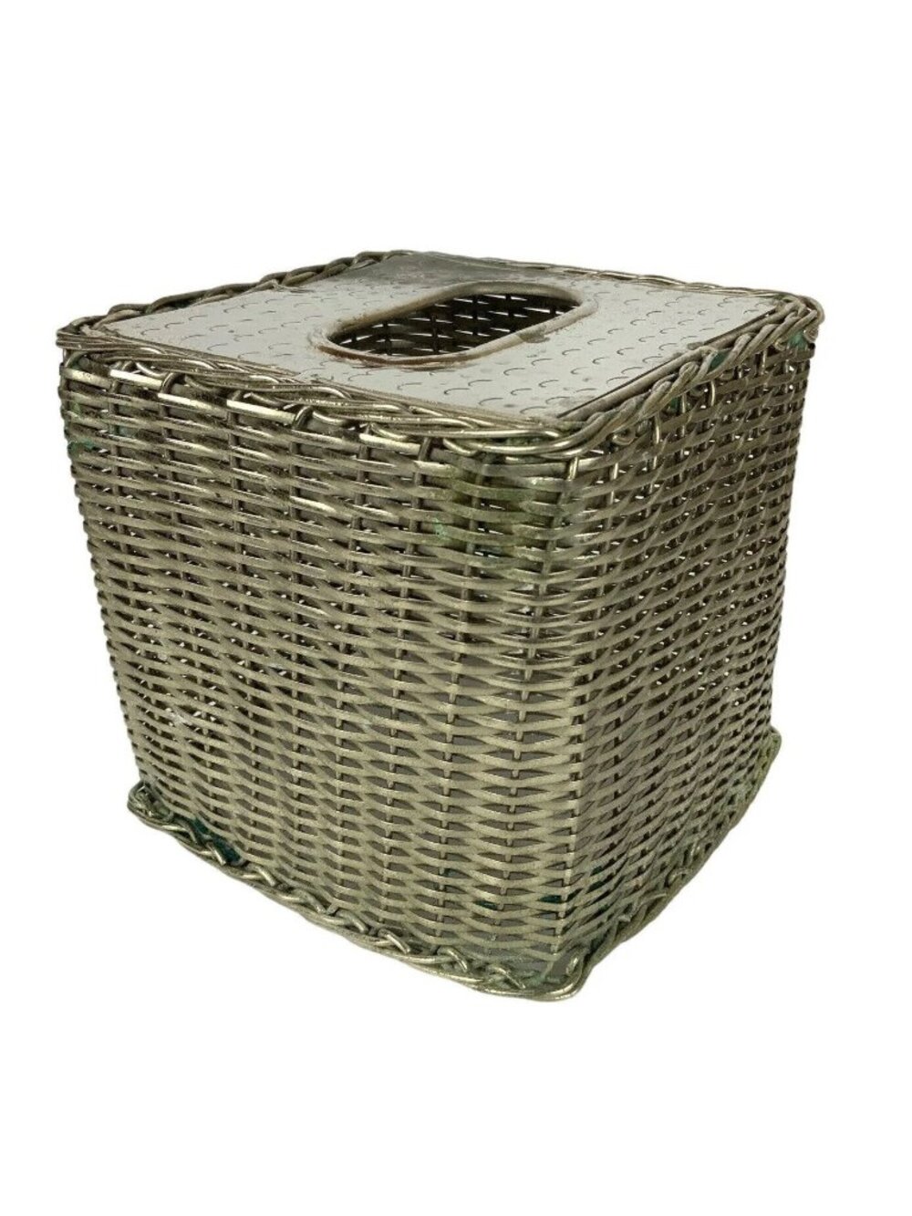 Square Silver Metal Basketweave Tissue Box Holder With Hammered Chrome Finish